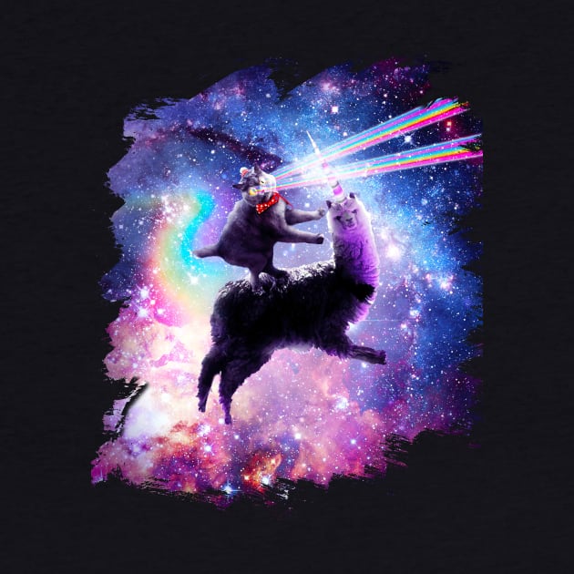 Laser Eyes Outer Space Cat Riding On Llama Unicorn by Random Galaxy